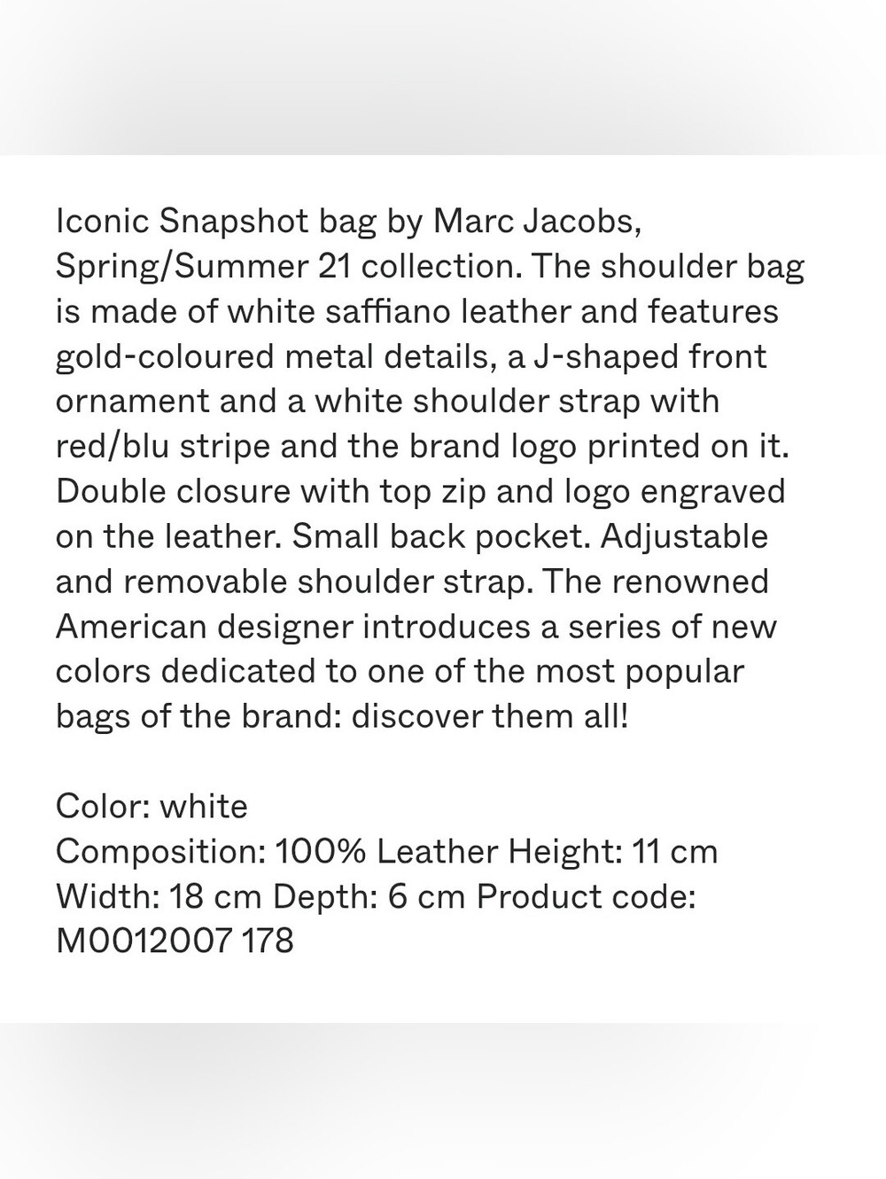 Marc Jacobs Snapshot Bag White Leather Crossbody with Red & Blue Tricolor Strap - Picture 3 of 16